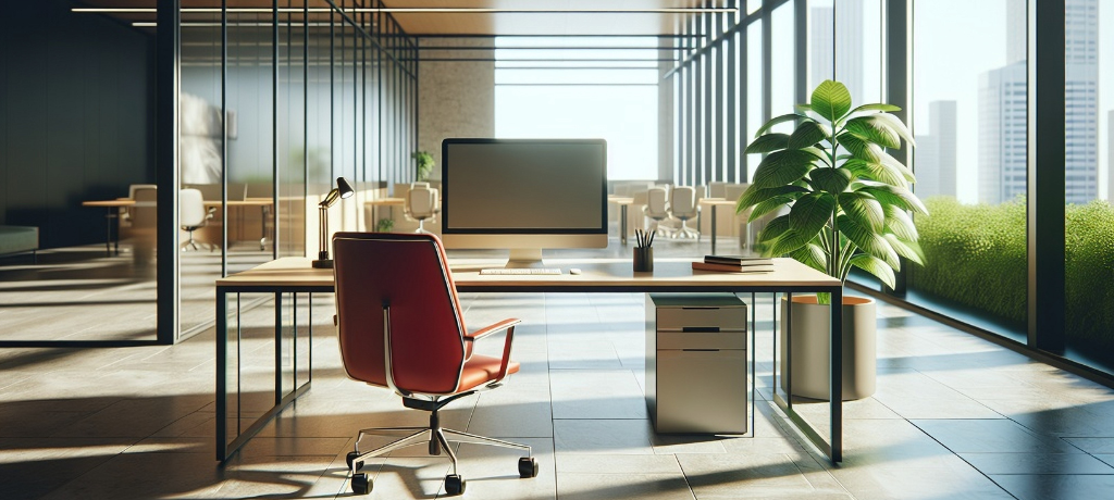 Light-filled office workspace with an empty desk and chair representing calm brand strategy decisions in uncertain times.