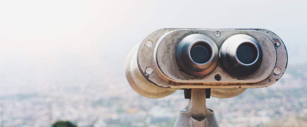Touristic,Telescope,Look,At,The,City,With,View,Of,Barcelona Touristic telescope look at the city with view of Barcelona Spain, close up old metal binoculars on background viewpoint overlooking the mountain, hipster coin operated in panorama observation, mockup